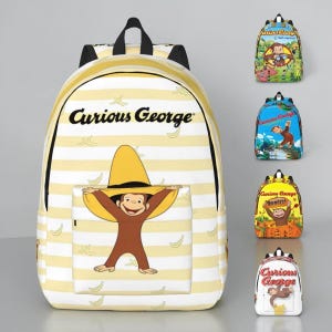 May include: A white and yellow striped backpack featuring the text Curious George and an illustration of the character Curious George wearing a yellow hat. The backpack has a top handle, black straps, and a front pocket. Four smaller backpack variations are shown.