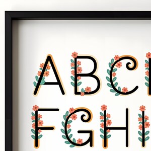 Affiche alphabet floral, imprimable ABC avec décoration florale, art mural éducatif pour enfants, impression pour chambre d'enfant, téléchargement numérique