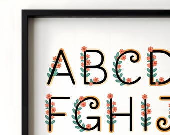 Floral Alphabet Poster, ABC Printable with flower decor, Kids Educational Wall Art, Nursery Print, Digital Download