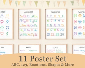 May include: Eleven colorful educational posters for kids featuring various topics such as shapes, alphabet, numbers, emotions, days, math, logic, and months. The posters have a white background with black text and colorful illustrations.