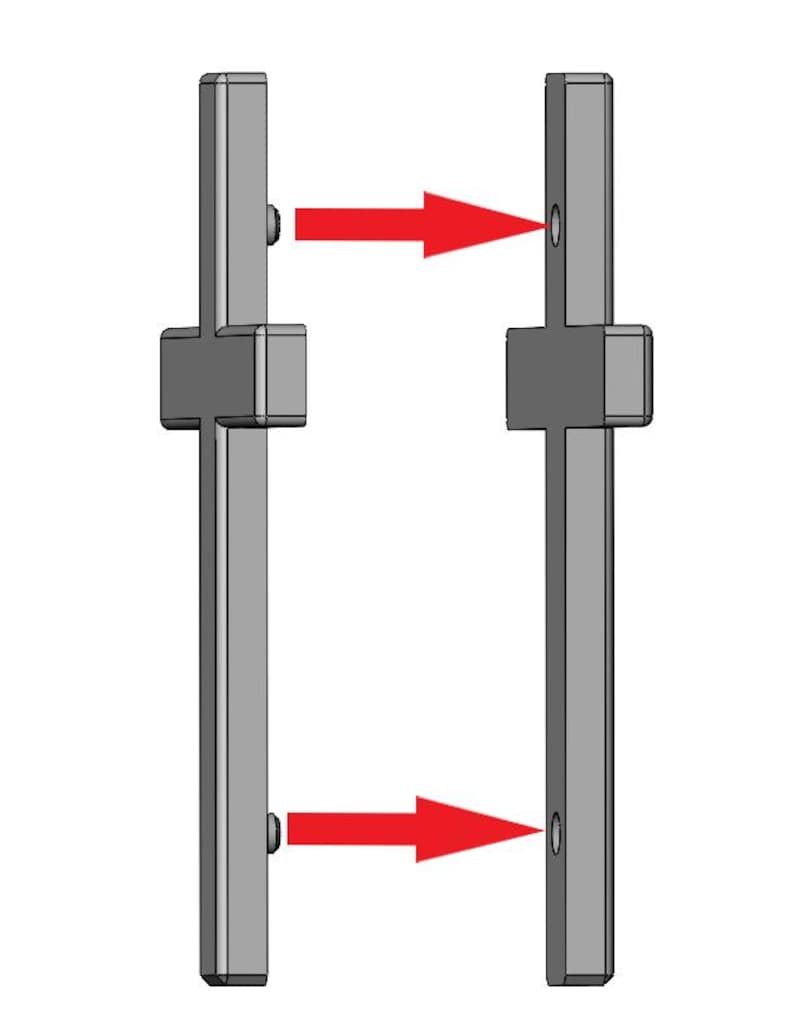 May include: Two gray metal brackets with a cross-shaped design. The brackets are positioned side-by-side with red arrows pointing to the screw holes on each bracket.