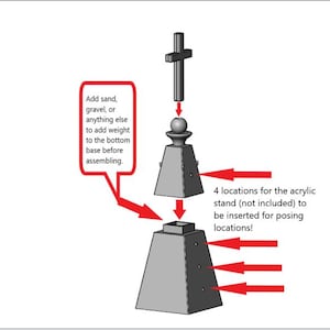May include: A 3D printed model of a cross with a sphere on top. The model is in four pieces and can be assembled. The base has four holes for an acrylic stand (not included). The instructions suggest adding sand, gravel, or other weight to the base before assembling.