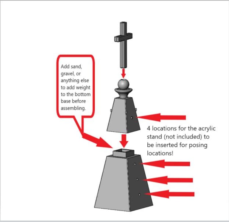 May include: A 3D printed model of a cross with a sphere on top. The model is in four pieces and can be assembled. The base has four holes for an acrylic stand (not included). The instructions suggest adding sand, gravel, or other weight to the base before assembling.