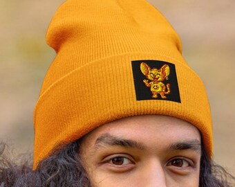 Embroidered Creature Cuffed Beanie: Funny Solid Color Winter Hat