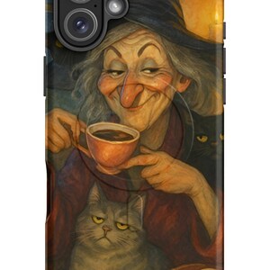 May include: A phone case with a colourful illustration of a witch drinking coffee. The image shows a smiling witch in a black hat, a gray cat, and a black cat. A small bowl with a skull is also visible. The case has a glossy finish.