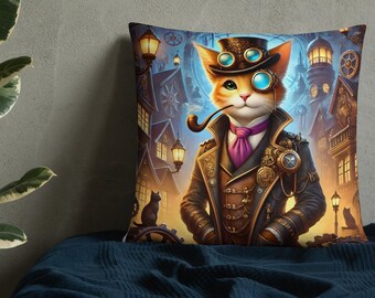 Puede incluir: Cojín cuadrado con una ilustración de gato steampunk. El gato lleva un sombrero de copa, gafas y un abrigo, sosteniendo una pipa. El fondo representa una escena de ciudad con edificios y farolas, en tonos azules y dorados.