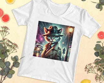 Puede incluir: Camiseta blanca con un estampado gráfico de un gato detective con sombrero y gabardina, ambientado en una ciudad lluviosa. El gato tiene ojos azules y una expresión seria. El diseño está centrado en la camiseta.