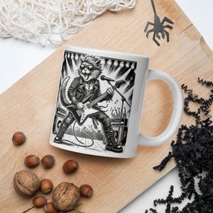 Mug blanc brillant Rockstar Cat : cadeau amusant pour les mélomanes