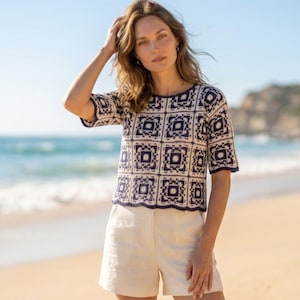 Patrón de top cuadrado de ganchillo estilo abuela / Tutorial de suéter geométrico moderno / Blusa monocromática elegante / Camisa de verano fácil de hacer en PDF (descarga instantánea)