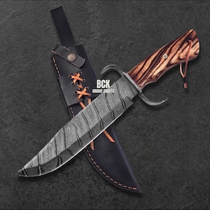 Beautiful Handmade Damascus Steel Bowie Knife With Sheath , Ash Wood , Damascus Knife - Best Gift Present - Fathers day Gift - Birthday Gift