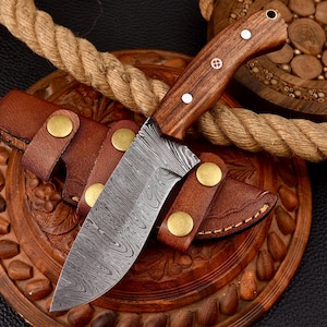 Handmade Damascus Steel Classic Hunting , Camping Knife With Leather Sheath - Best Gift Present - Fathers day Gift - Birthday Gift.