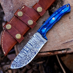Handmade Damascus Steel Hunting , Camping Knife With Leather Sheath - Damascus Knife , Ideal Gift Present -Fathers day Gift , Groomsman Gift