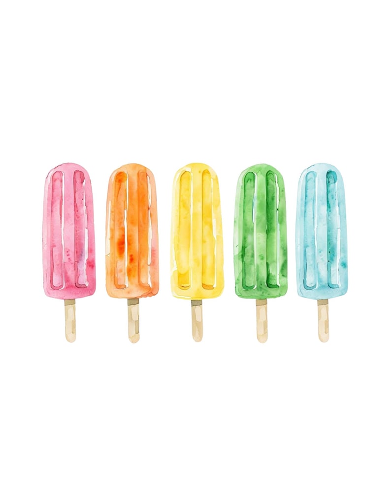 May include: Watercolor painting of five colorful popsicles on wooden sticks. The popsicles are in shades of pink, orange, yellow, green, and blue. The image is set against a white background.
