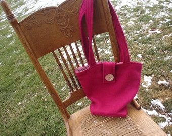 Hot Pink, Overdyed, Recycled, Wool Handbag with Vintage Button - FREE SHIPPING in US