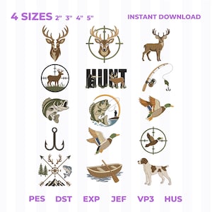 Jakt Fiske Broderi Design Bundle, Hjort Anka Abborre Hund Maskinbroderifil, Mini Skiss Fill Outdoor Set, Direkt Nedladdning