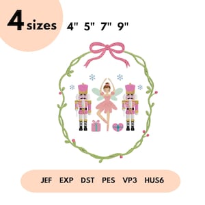 May include: An embroidery design featuring a pink bow, a green wreath, and a ballerina with fairy wings. Two toy soldiers flank the ballerina. The design is available in four sizes: 4", 5", 7", and 9".