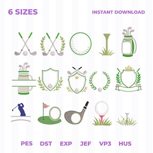 May include: A collection of fifteen golf-themed embroidery designs featuring golf clubs, balls, bags, shields, wreaths, and a golfer silhouette. The text 6 SIZES and INSTANT DOWNLOAD appears at the top, with file formats PES, DST, EXP, JEF, VP3, HUS below.
