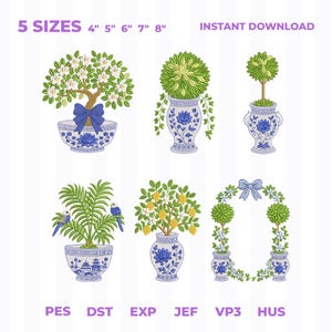 May include: A digital embroidery design set featuring six potted plant illustrations in blue and white ceramic planters. The designs include flowering trees, a palm with two birds, a lemon tree, and a topiary arch. Text includes 5 SIZES 4" 5" 6" 7" 8" and file formats PES, DST, EXP, JEF, VP3, HUS.