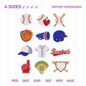 Könnte beinhalten: Ein digitales Stickmuster-Set mit Baseball-Motiven, darunter ein Ball, ein Herz, Schläger, ein Handschuh, ein Megafon, ein Helm, eine Kappe, ein Trikot, das Wort Baseball, ein Schaumstofffinger, ein Spielfeld und eine Home Plate.