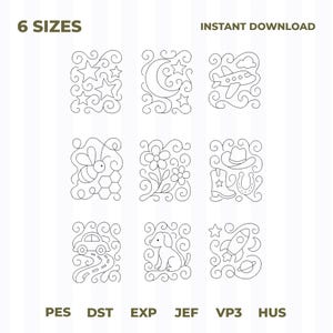 May include: A digital collection of nine square embroidery designs featuring black line art on a white background. Icons include stars, a moon, an airplane, a bee, flowers, a cowboy hat, a boot, a horseshoe, a car, a dog, and a rocket ship.