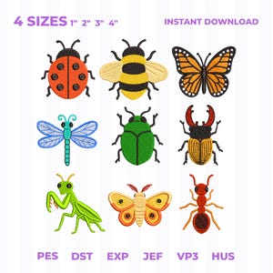 Op de afbeelding: Een digitaal borduurontwerp met negen kleurrijke insecten, waaronder een lieveheersbeestje, bij, vlinder, libel, groene kever, vliegend hert, bidsprinkhaan, mot en mier. Tekst: 4 SIZES 1" 2" 3" 4", INSTANT DOWNLOAD, PES, DST, EXP, JEF, VP3, HUS.