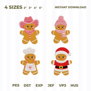 May include: Four gingerbread person machine embroidery designs in 2", 3", 4", and 5" sizes. One wears a pink cowboy hat and scarf, one a pink knit hat and scarf, one a chef hat and apron, and one a Santa suit. Text reads 4 SIZES and INSTANT DOWNLOAD.
