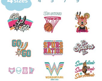 May include: A collection of embroidered patches featuring San Antonio Spurs basketball designs. The patches include the team's logo, text, and a cartoon fox wearing sunglasses. Sizes are 4", 5", 7", and 9".