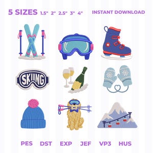 Puede incluir: Una colección de nueve diseños de bordado con temática invernal que incluye esquís cruzados con bastones, gafas azules, un patín de hielo azul, un parche con el texto SKIING, champán, manoplas azul claro, un gorro azul, un perro y un telesilla.