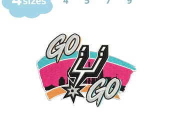 May include: Embroidered patch featuring the words "GO" and a stylized "U" with a starburst design. The patch has a pink, teal, and orange background with a cityscape silhouette. Available in 4", 5", 7", and 9" sizes.