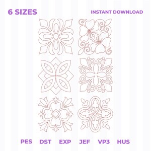 Könnte beinhalten: Sechs quadratische Stickmotive in kastanienbrauner Umrisslinie, angeordnet in zwei Spalten. Der Text 6 SIZES und INSTANT DOWNLOAD steht oben, während die Dateiformate PES, DST, EXP, JEF, VP3 und HUS unten im Bild aufgeführt sind.
