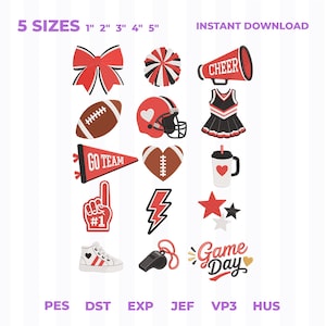 May include: A digital embroidery design set featuring 15 cheer and football themed icons including a bow, pom-pom, megaphone with text CHEER, football, helmet, uniform, pennant with GO TEAM, heart football, cup, foam finger, lightning bolt, stars, sneaker, whistle, and Game Day text.