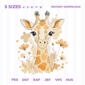 Puede incluir: Un diseño de bordado de una cabeza de jirafa con manchas naranjas y crema, rodeada de flores estilizadas y formas abstractas. El texto 5 SIZES 4" 5" 6" 7" 8" e INSTANT DOWNLOAD aparece arriba, con los formatos PES, DST, EXP, JEF, VP3, HUS abajo.