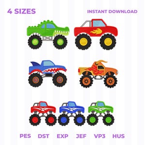 May include: A digital embroidery design set featuring seven monster trucks in various colours including green, red, blue, and orange. The trucks have large black tyres and unique details like flames, fins, and horns. Text includes 4 SIZES and INSTANT DOWNLOAD.