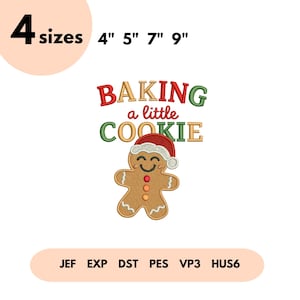 Könnte beinhalten: Ein festliches Design mit dem Text "BAKING a little COOKIE" in Rot, Grün und Gold. Ein Lebkuchenmann mit Weihnachtsmütze befindet sich unter dem Text. Das Bild enthält die Größen 10 cm, 13 cm, 18 cm und 23 cm.
