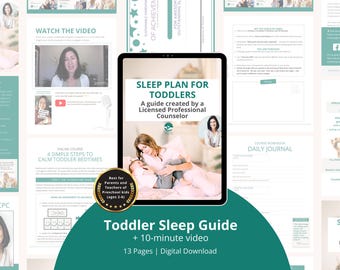 Könnte beinhalten: Ein digitaler Download-Leitfaden in Grün und Weiß für Eltern und Erzieher von Kleinkindern, wie man einen Schlafplan für ihre Kinder erstellt. Der Leitfaden enthält ein 10-minütiges Video und 13 Seiten mit Informationen. Das Cover zeigt ein Foto einer Mutter und eines Kindes, die im Bett schlafen.