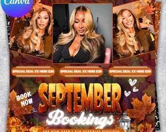 Boekingsflyer september, flyer september, boekingsflyer herfstseizoen, herfstuitverkoop, pruik installeren, flyer wimpervlechten, bewerkbaar canvas