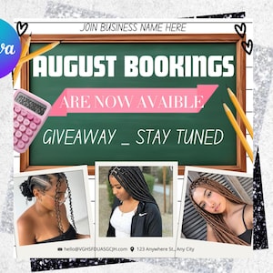 August Booking flyer, August Appointment Flyer, Back To School Flyer, Back to school sale flyer, Hair Braids Lash Wig Flyer, Canva Editable