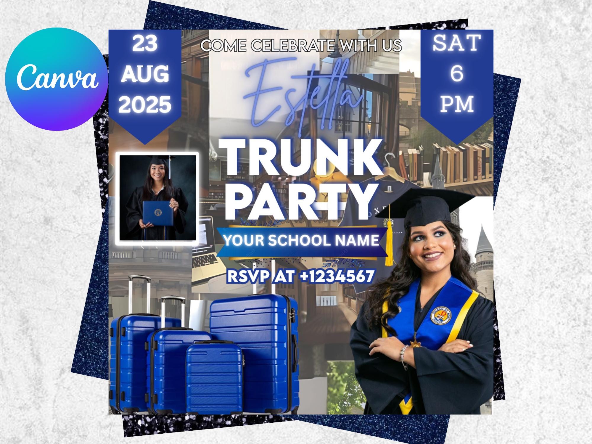 Trunk feestfolder, afscheidsfeestje uitnodiging, flyer voor DIY kofferbakfeest, uitnodiging afstudeerfeest, uitnodiging college, uitnodiging op canvas, bewerkbaar op canvas