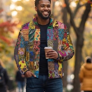 African Patchwork Floral Geometric Print Pattern Mens Puffer Jacket | Colorful All-Over Print Bohemian Hippie Afrocentric Afrochic Festival