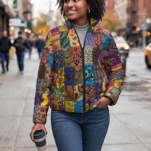 African Colorful Patchwork Pattern Womens Puffer Jacket Vibrant Collage Print Afrocentric Bohemian Boho Chic Ethnic Print Afrochic