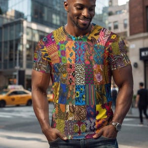 African Mens T-shirt Inspired by Ankara Wax Print Style Patchwork Man Colorful Boho Hippie Maximalism Afrocentric Man  S M L XL 2XL Shirt