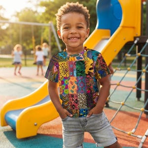 Afrikanskt tryck barn t-shirt med rund hals afrocentrisk färgglad konstnärlig hippie boho pojkar flickor
