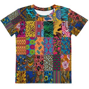 Camiseta infantil de cuello redondo con estampado africano, estilo afrocéntrico, colorida, artística, hippie y boho para niños y niñas.