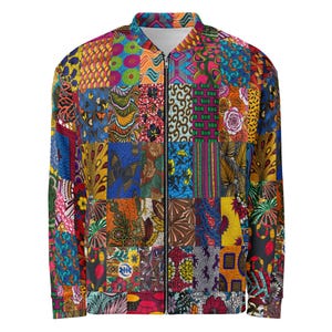 May include: A long-sleeve bomber jacket featuring a vibrant patchwork design composed of various colourful geometric, floral, and butterfly patterns in shades of blue, yellow, red, green, and pink, finished with a central silver metal zip.