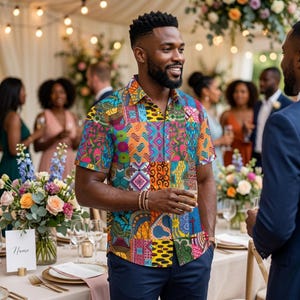 May include: A short-sleeved button-down shirt featuring a vibrant, multi-colored patchwork pattern with geometric and organic shapes in shades of blue, yellow, orange, and pink, worn with dark navy blue trousers and a beaded wrist bracelet.