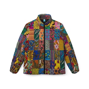 Chaqueta acolchada para mujer con estampado de patchwork africano colorido, estampado de collage vibrante, estilo boho boho chic, estampado étnico afrochic.