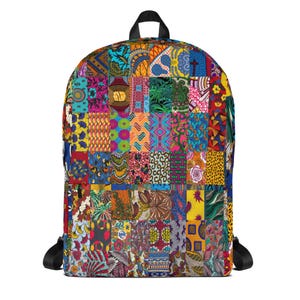 Mochila africana estampada, patchwork, afro-chic, colorida, afrocéntrica, hippie, boho, maximalista, mochila escolar, patrones geométricos, floral, regreso a clases.