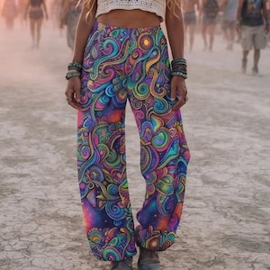 May include: Wide-leg pants featuring a vibrant, multicolored psychedelic pattern with swirling shapes in shades of blue, purple, pink, and yellow. The pants have a high-waisted fit and a loose, flowing silhouette that extends down to the ankles.