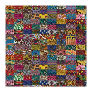 May include: A square fabric textile featuring a vibrant patchwork design composed of numerous rectangular segments. Each segment displays a distinct, colorful pattern including floral, geometric, abstract, and organic motifs in shades of red, blue, yellow, green, pink, and purple.