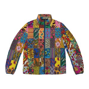May include: A long-sleeve zip-up jacket featuring a vibrant patchwork design composed of various rectangular fabric panels. The garment displays a multitude of colourful patterns, including floral, geometric, and abstract motifs in shades of yellow, blue, red, green, and purple.